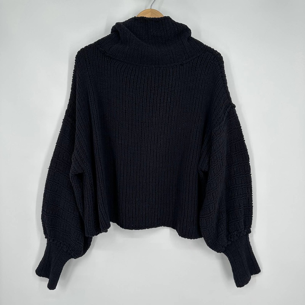 Free People Be Yours Cowl Neck Sweater Balloon Sleeve Chunky Boxy Cropped Black - Picture 9 of 14